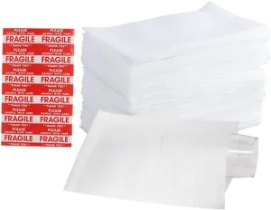 100 Pack 7.5”x 12" Foam Wrap Cushion Pouches (0.75mmThickness), Extra 5 Pack Fragile Stickers Labels(60 pcs) - Protect Dishes, Glasses, Porcelain & Fragile Items, for Moving, Packing