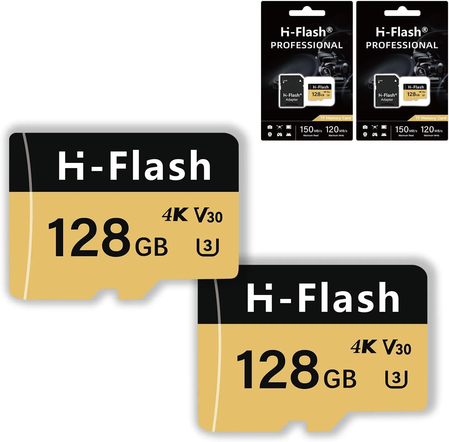 128GB SD Card 2 Pack Adapter, 256GB Memory Card High Speed Up to 150MB/s, A1 V30 U3 4K C10 for Tablet/Mobile Phone/Camera/Car Audio/Game Console