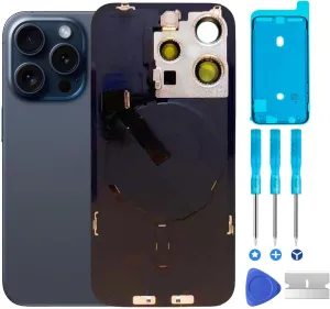 15 Pro Back Glass Replacement & with Plate & Flex Cable and All Parts, Waterproof and Camera Lens for iPhone 15 Pro   Repair Tools(Blue)