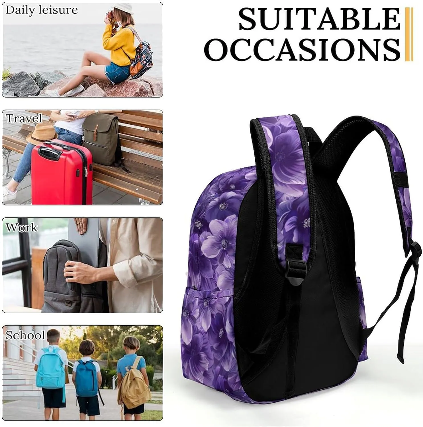 16 Inch Backpack Purple Flowers Petal Vintage Laptop Backpack School Bookbag Shoulder Bag Casual Daypack