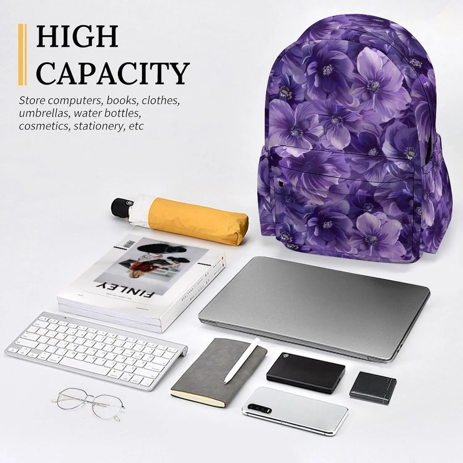 16 Inch Backpack Purple Flowers Petal Vintage Laptop Backpack School Bookbag Shoulder Bag Casual Daypack