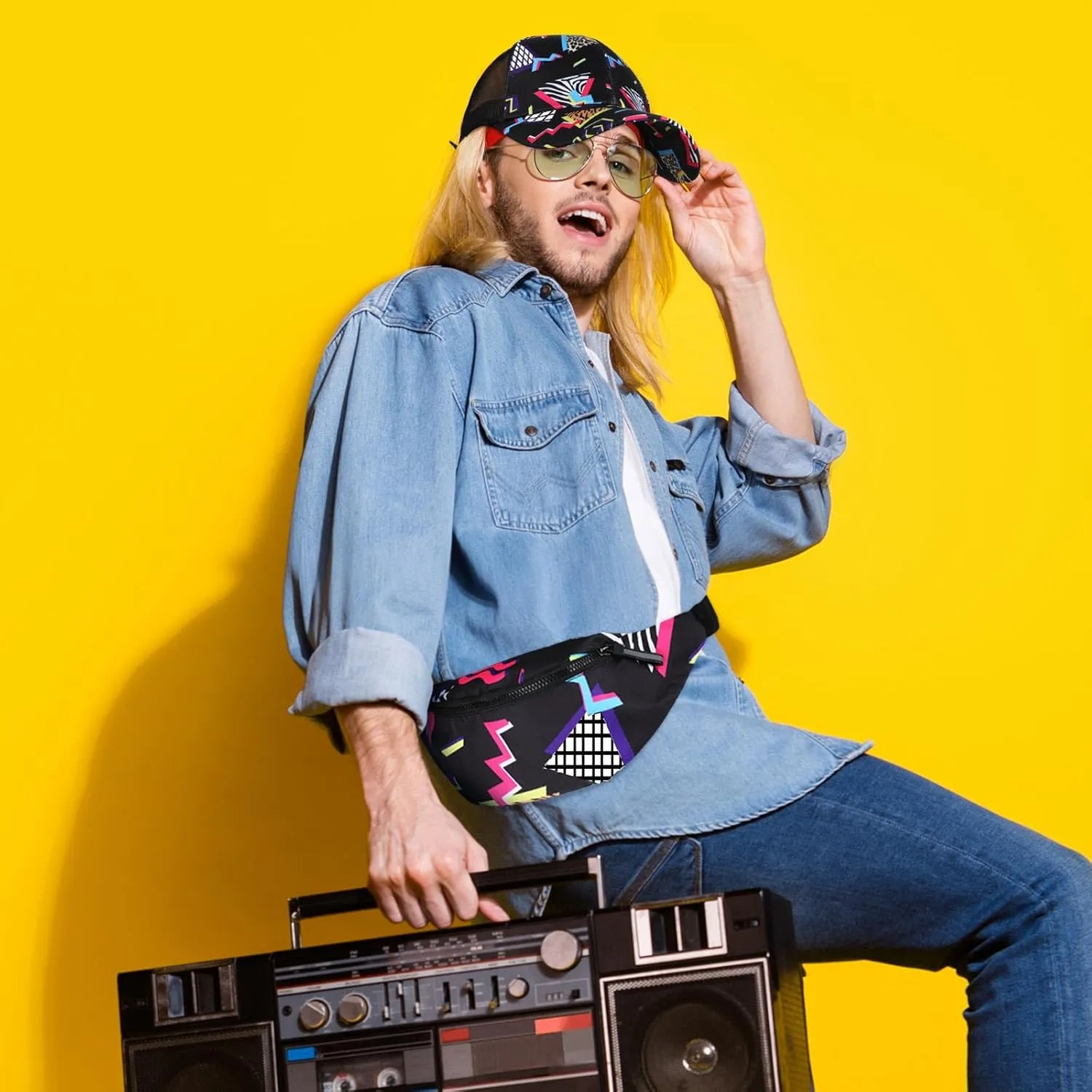 2 Pcs 80s 90s Fanny Pack for Women Men Halloween Outfit Hip Hop Neon Mesh Hat Adjustable Waist Bag for Christmas Party