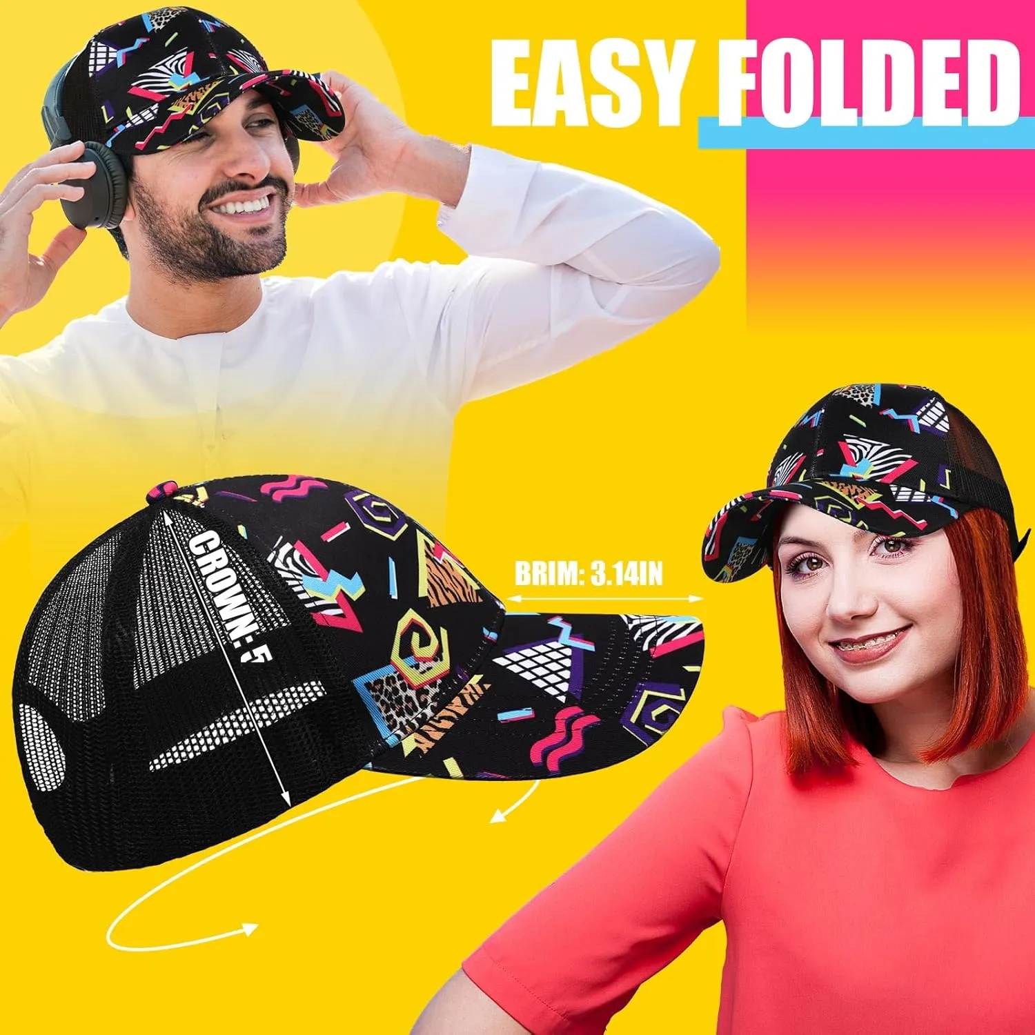 2 Pcs 80s 90s Fanny Pack for Women Men Halloween Outfit Hip Hop Neon Mesh Hat Adjustable Waist Bag for Christmas Party