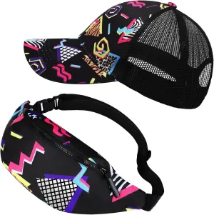 2 Pcs 80s 90s Fanny Pack for Women Men Halloween Outfit Hip Hop Neon Mesh Hat Adjustable Waist Bag for Christmas Party