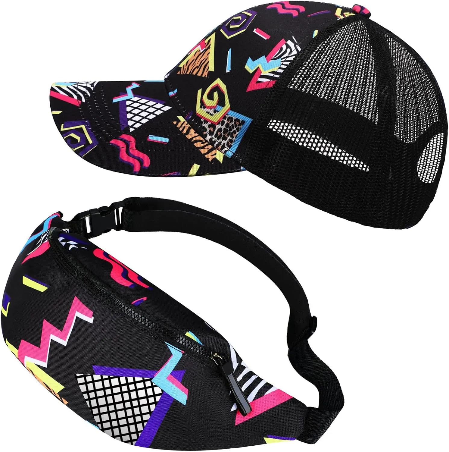 2 Pcs 80s 90s Fanny Pack for Women Men Halloween Outfit Hip Hop Neon Mesh Hat Adjustable Waist Bag for Christmas Party