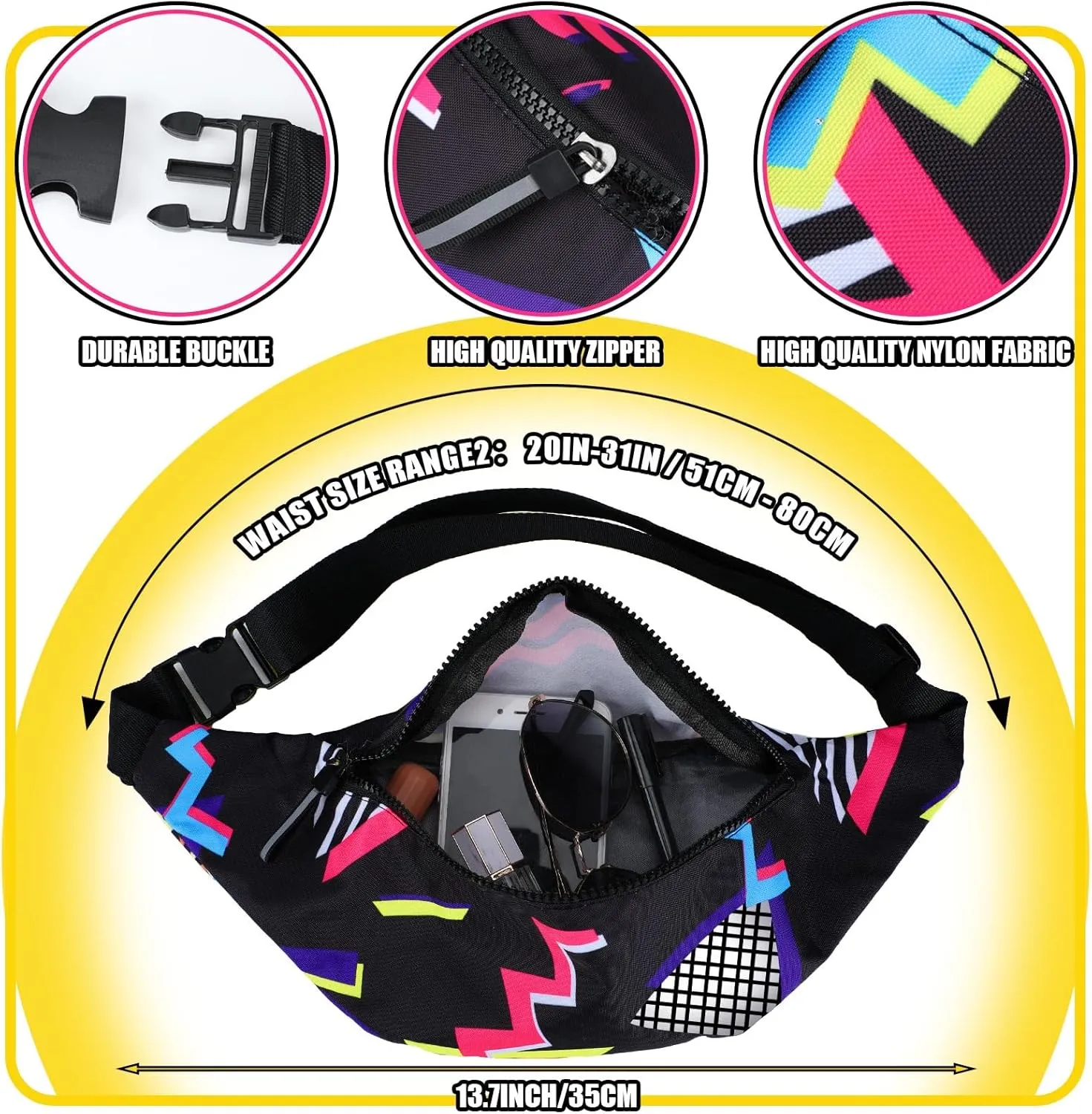 2 Pcs 80s 90s Fanny Pack for Women Men Halloween Outfit Hip Hop Neon Mesh Hat Adjustable Waist Bag for Christmas Party