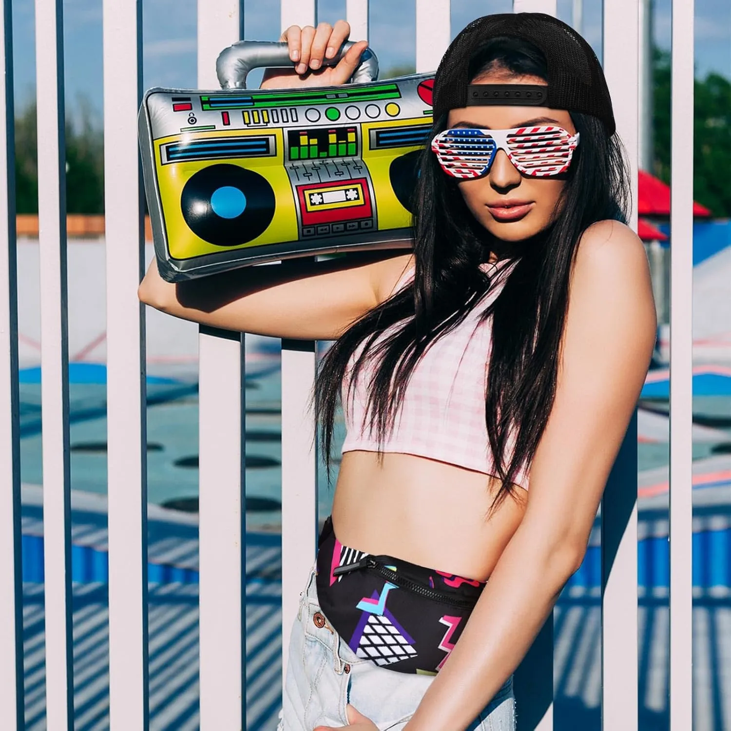 2 Pcs 80s 90s Fanny Pack for Women Men Halloween Outfit Hip Hop Neon Mesh Hat Adjustable Waist Bag for Christmas Party