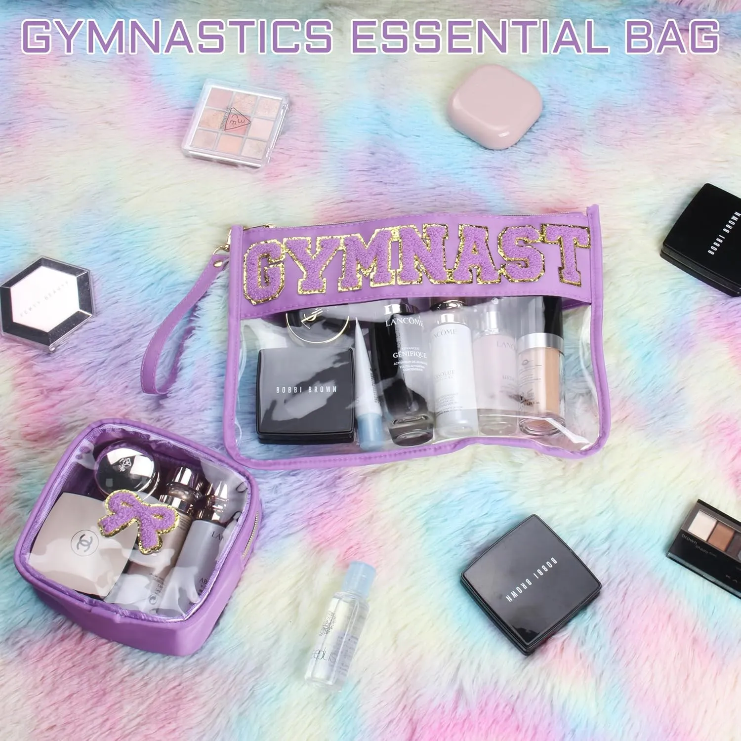 2 Pcs Gymnastics Gifts Cosmetic Makeup Bag with Chenille Letter Patch, Clear Pouch PVC Organizer Purse, Waterproof Travel Bag, Portable Toiletry Storage Bag for Her Girls Friends Women