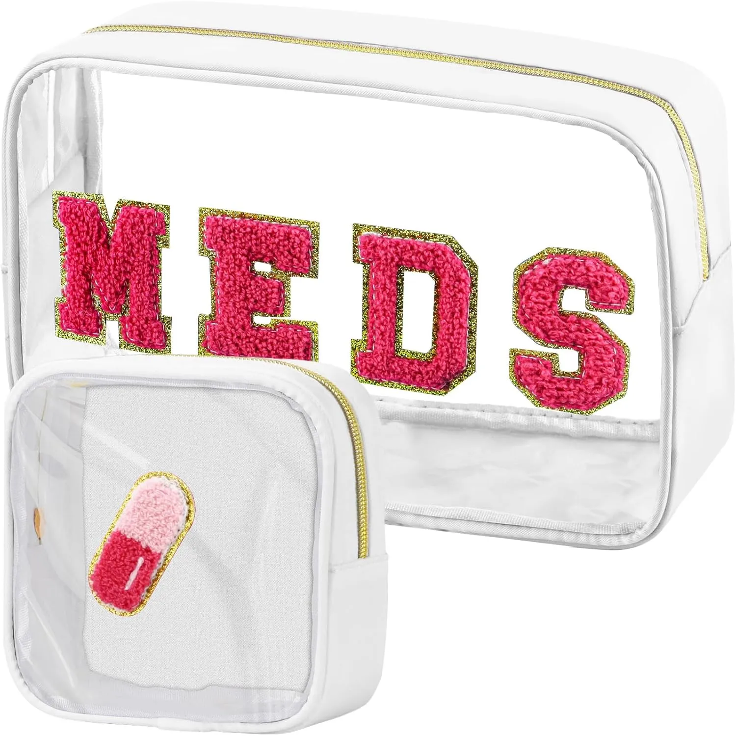2 Pcs Medicine Bag Chenille Letter Bag Preppy Clear Makeup Meds Bag for Travel Nylon & PVC Transparent Cosmetic Bag Preppy Patch Toiletry Storage for Women Girls White