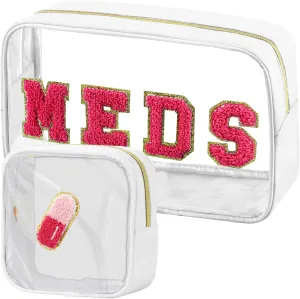 2 Pcs Medicine Bag Chenille Letter Bag Preppy Clear Makeup Meds Bag for Travel Nylon & PVC Transparent Cosmetic Bag Preppy Patch Toiletry Storage for Women Girls White