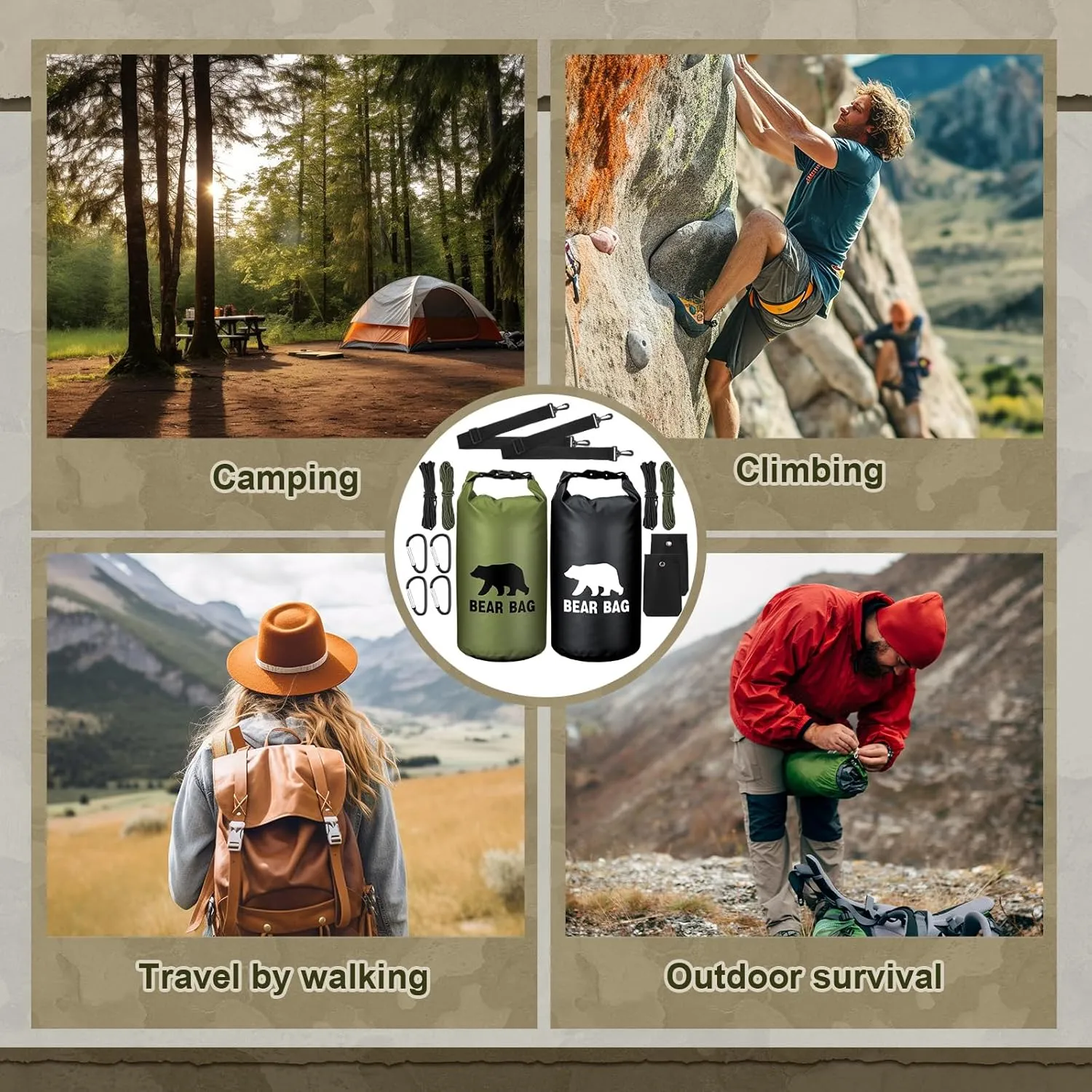 2 Sets Bear Food Bag for Camping Ultralight Food Bag Hanging System Includes 2 Pcs 10 L Waterproof Bear Bag Pulley System and 4 Pcs Nylon Ropes 4 Pcs Clips 2 Pcs Rock Pouch