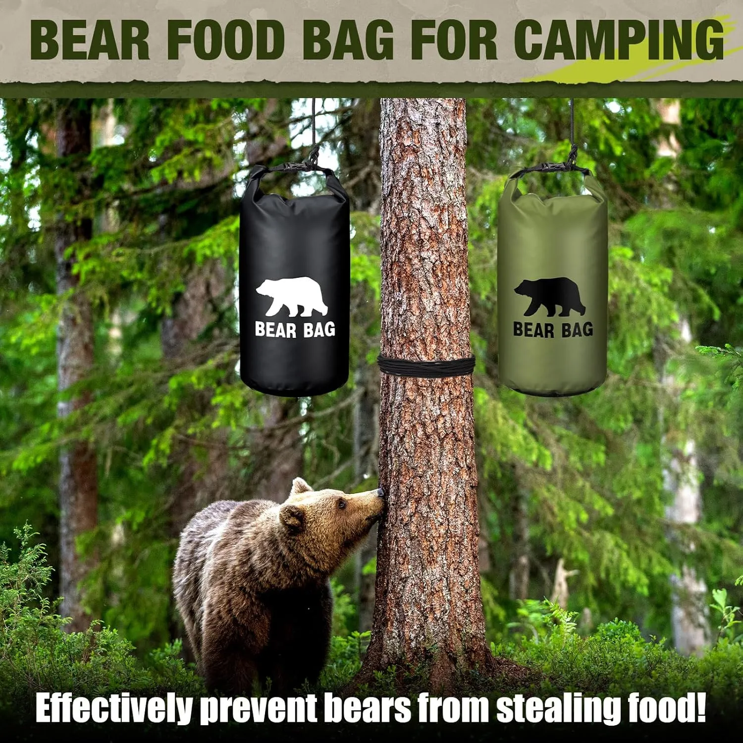 2 Sets Bear Food Bag for Camping Ultralight Food Bag Hanging System Includes 2 Pcs 10 L Waterproof Bear Bag Pulley System and 4 Pcs Nylon Ropes 4 Pcs Clips 2 Pcs Rock Pouch