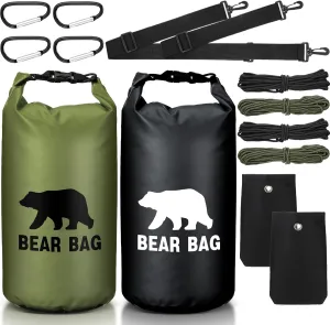 2 Sets Bear Food Bag for Camping Ultralight Food Bag Hanging System Includes 2 Pcs 10 L Waterproof Bear Bag Pulley System and 4 Pcs Nylon Ropes 4 Pcs Clips 2 Pcs Rock Pouch