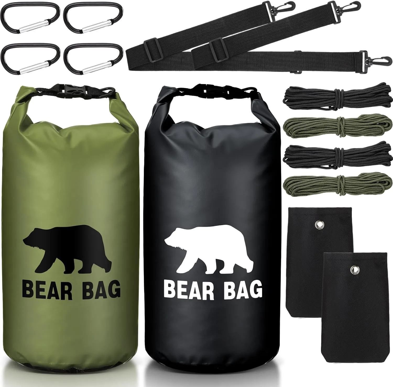 2 Sets Bear Food Bag for Camping Ultralight Food Bag Hanging System Includes 2 Pcs 10 L Waterproof Bear Bag Pulley System and 4 Pcs Nylon Ropes 4 Pcs Clips 2 Pcs Rock Pouch