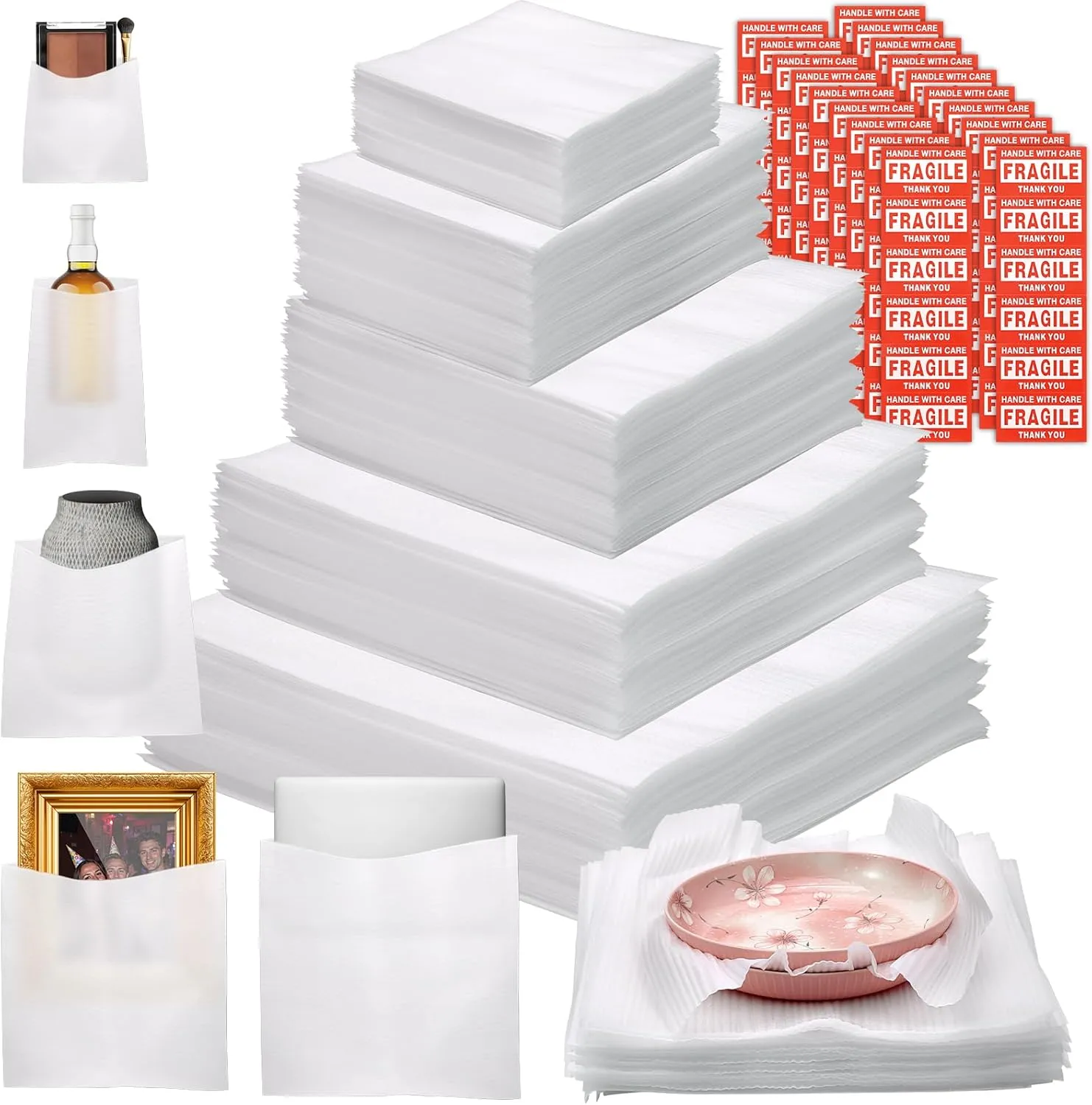 200 Pcs Packing Moving Foam Pouches & Sheets, 5 Sizes Cushion Foam Wrap Pouches with Fragile Stickers for Protect Dishes Cup Glasses Storage Supplies (7.8X7.8", 7.5X12", 12X12", 14X14", 16X16")