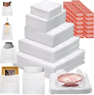 200 Pcs Packing Moving Foam Pouches & Sheets, 5 Sizes Cushion Foam Wrap Pouches with Fragile Stickers for Protect Dishes Cup Glasses Storage Supplies (7.8X7.8", 7.5X12", 12X12", 14X14", 16X16")