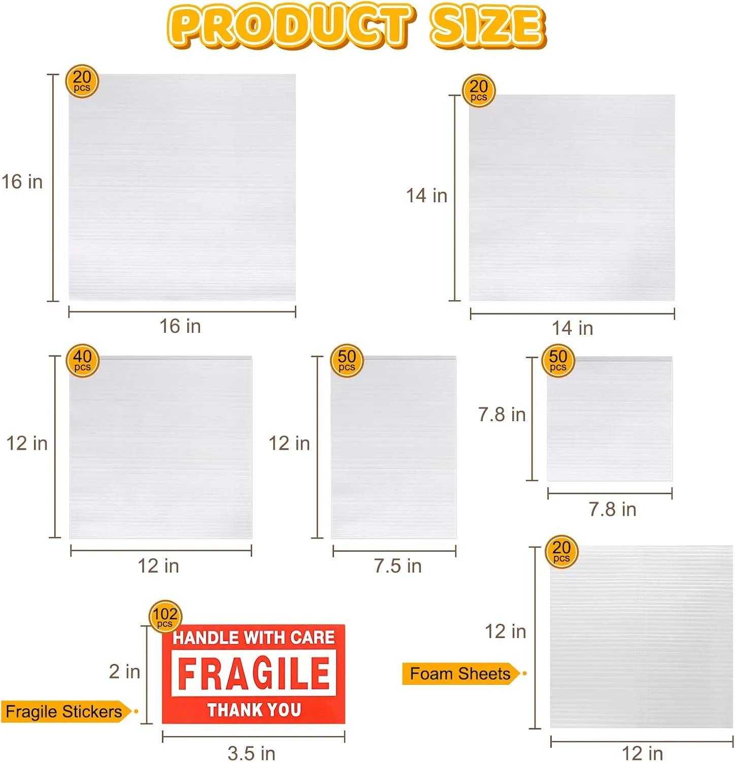 200 Pcs Packing Moving Foam Pouches & Sheets, 5 Sizes Cushion Foam Wrap Pouches with Fragile Stickers for Protect Dishes Cup Glasses Storage Supplies (7.8X7.8", 7.5X12", 12X12", 14X14", 16X16")