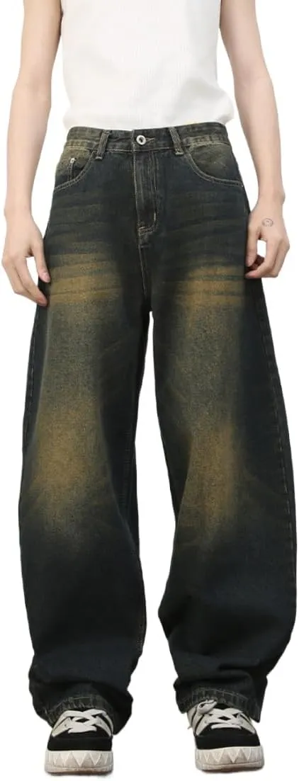 2025 Men's Wide Leg Baggy Jeans Y2K Vintage Barrel Denim Pants Loose Fit Long Skater Trousers Streetwear Y2k Clothes
