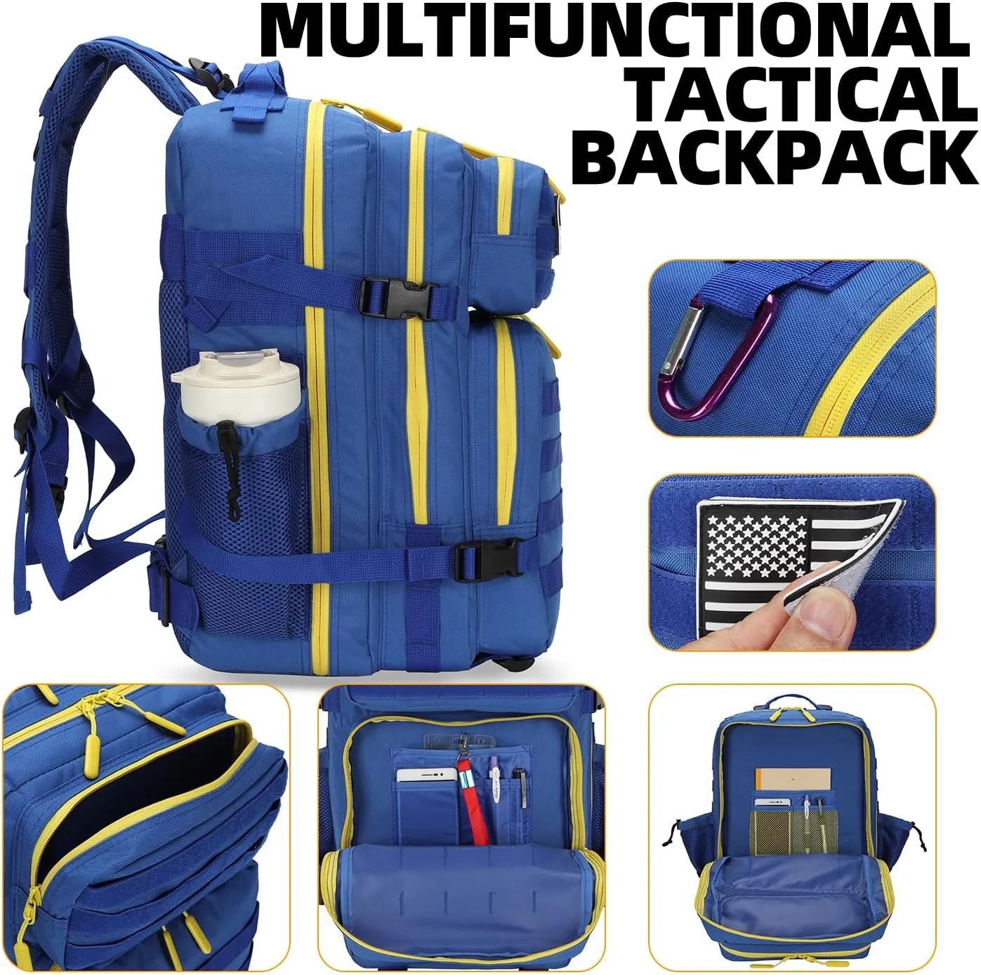 25L Tactical Military Backpack Small Travel Rucksack for Men and Women Assault Pack Bug Out Bag Molle Daypack Gym Backpack with Bottle Holder (Blue Yellow)