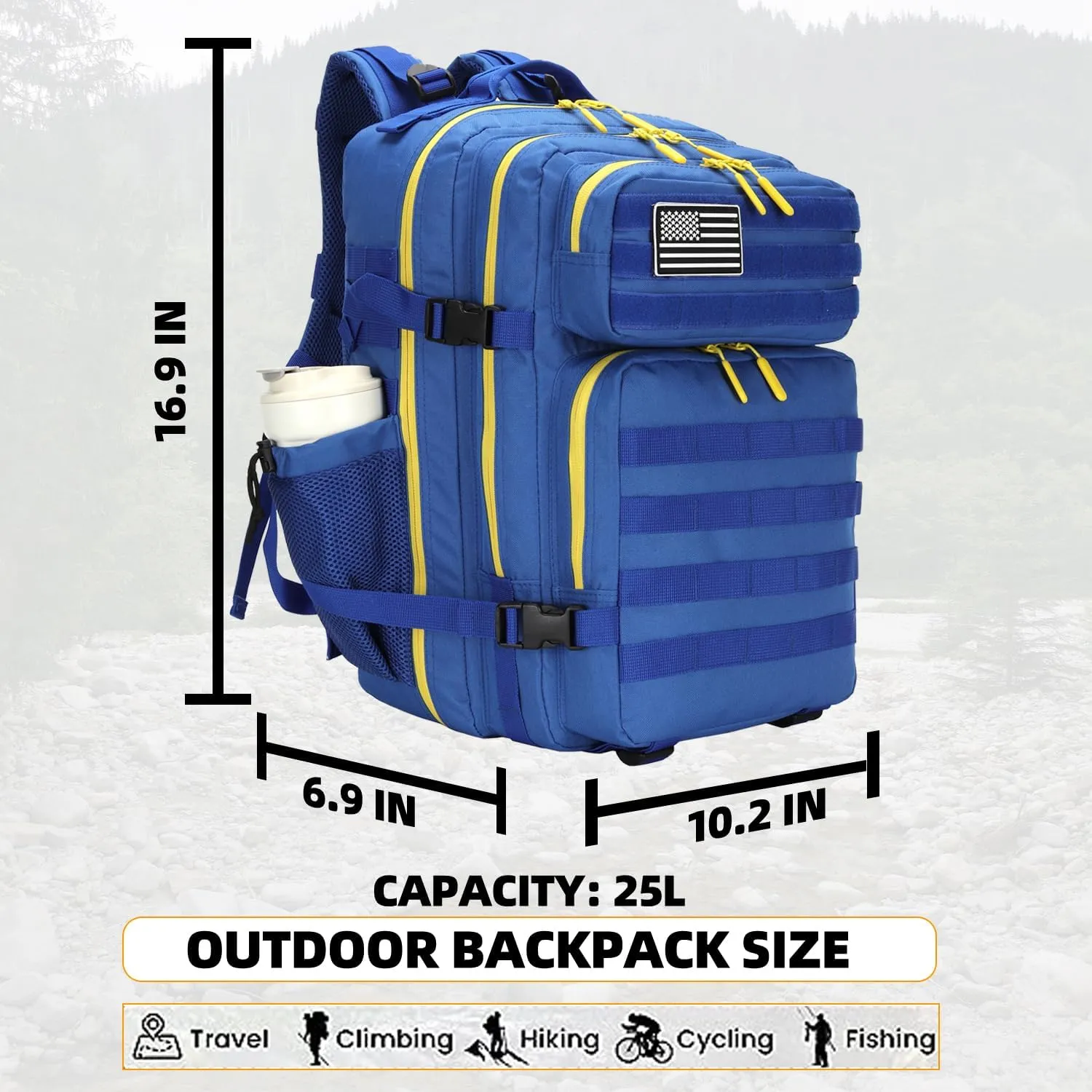 25L Tactical Military Backpack Small Travel Rucksack for Men and Women Assault Pack Bug Out Bag Molle Daypack Gym Backpack with Bottle Holder (Blue Yellow)