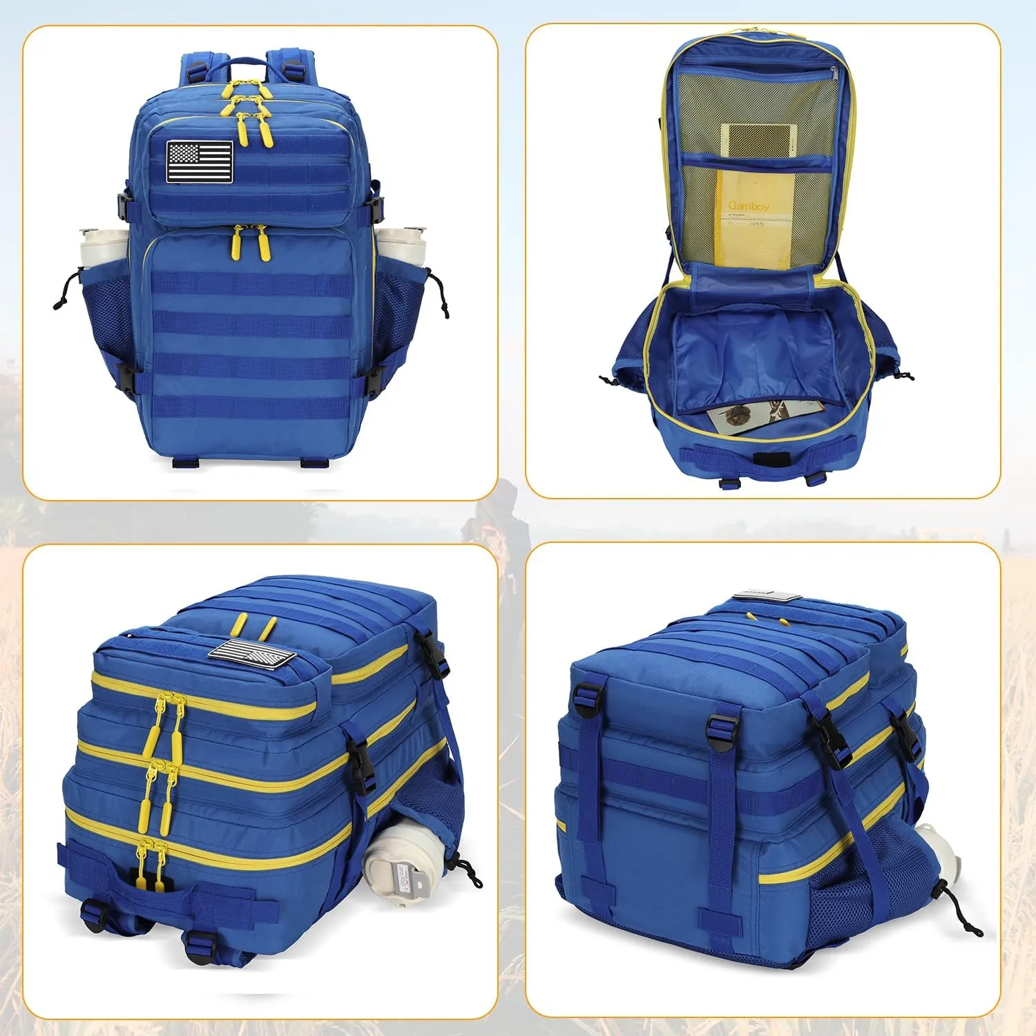 25L Tactical Military Backpack Small Travel Rucksack for Men and Women Assault Pack Bug Out Bag Molle Daypack Gym Backpack with Bottle Holder (Blue Yellow)