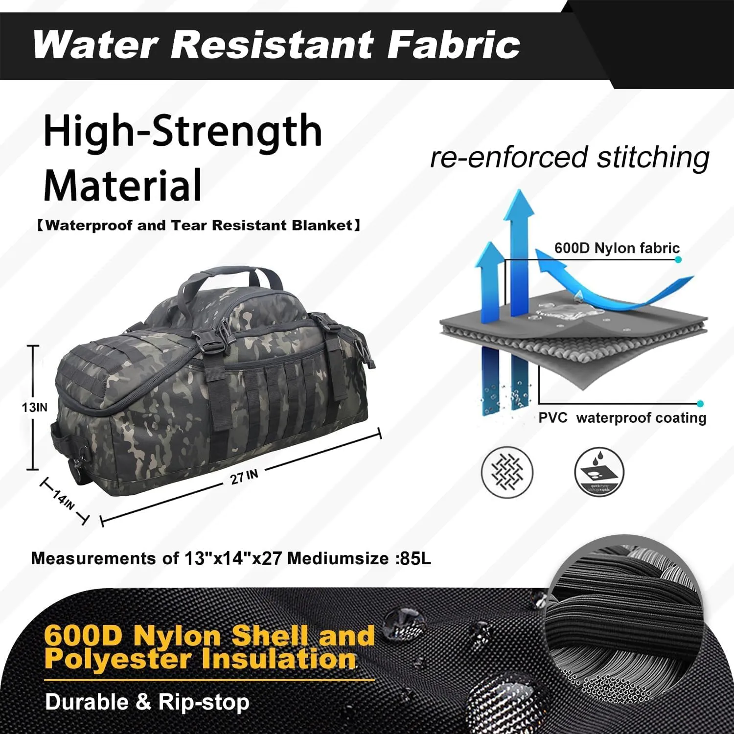 3 In 1 Tactical 85L Military Backpack Travel Duffle Bag for Weekender Gym Workout Deployment