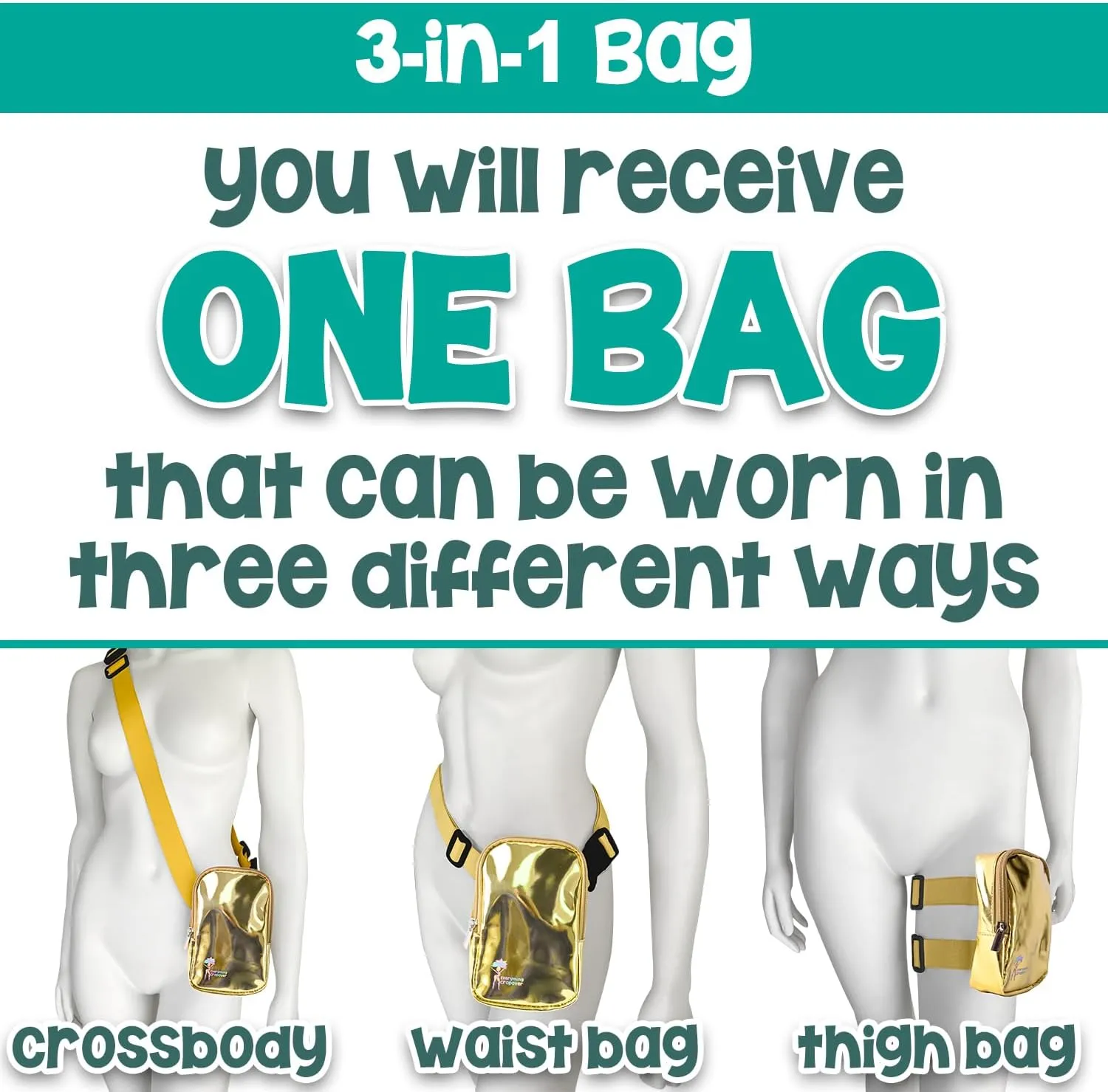 3-IN-1 Thigh Bag Fanny Pack Crossbody Bag | Carnival Leg Harness for Women | Glossy Waist Bag | Rave Leg Pack with Buckles | Gold