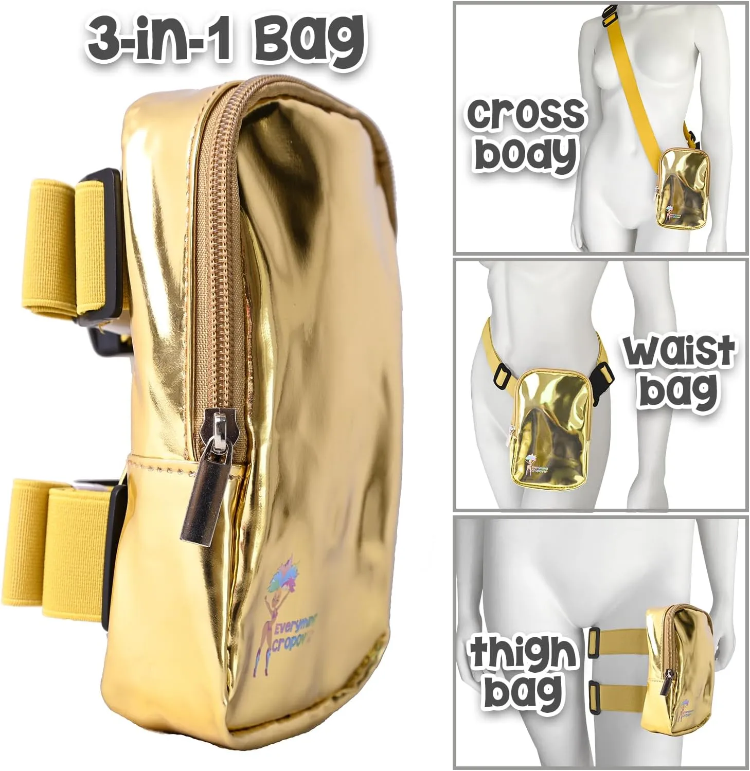 3-IN-1 Thigh Bag Fanny Pack Crossbody Bag | Carnival Leg Harness for Women | Glossy Waist Bag | Rave Leg Pack with Buckles | Gold