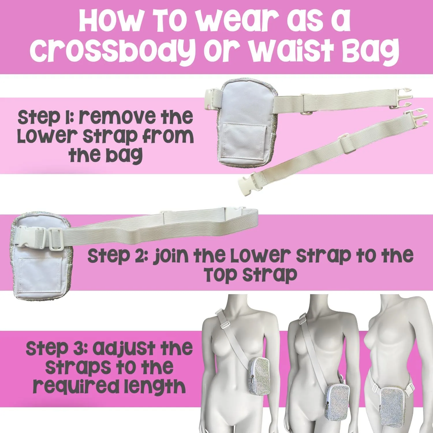 3-IN-1 Thigh Bag Fanny Pack Crossbody Bag | Carnival Leg Harness for Women | Glossy Waist Bag | Rave Leg Pack with Buckles | Rose Gold