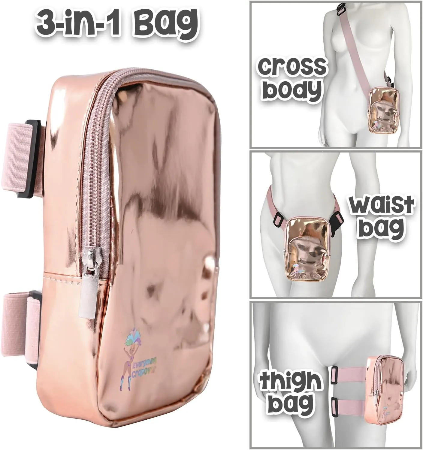 3-IN-1 Thigh Bag Fanny Pack Crossbody Bag | Carnival Leg Harness for Women | Glossy Waist Bag | Rave Leg Pack with Buckles | Rose Gold