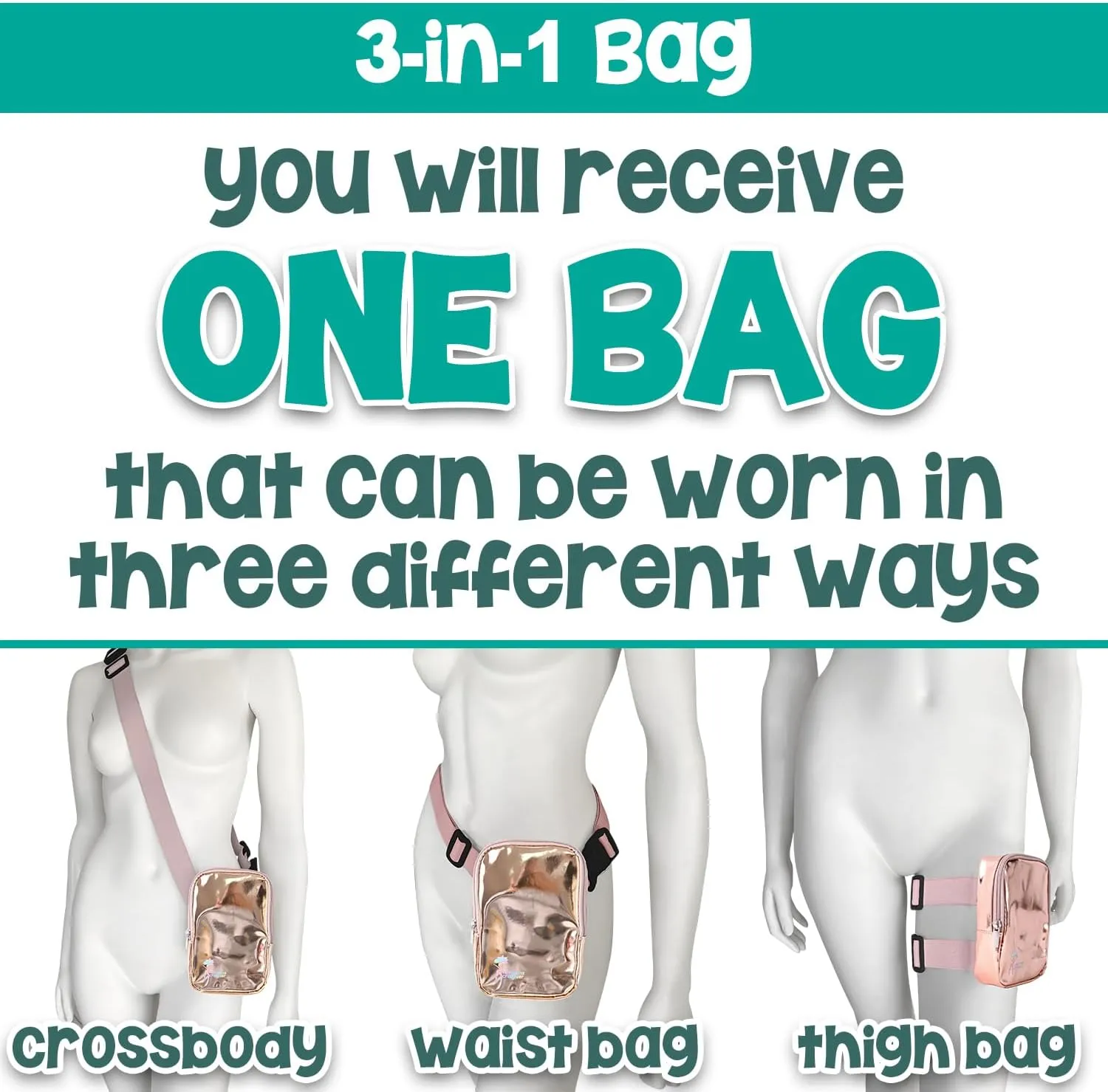 3-IN-1 Thigh Bag Fanny Pack Crossbody Bag | Carnival Leg Harness for Women | Glossy Waist Bag | Rave Leg Pack with Buckles | Rose Gold