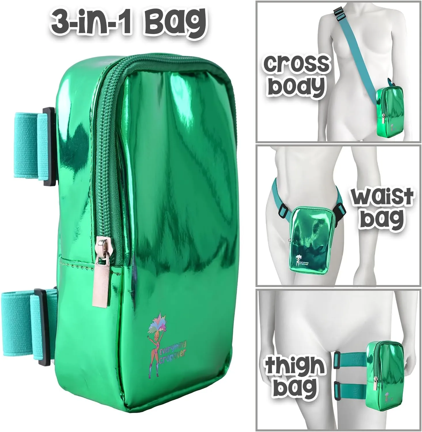 3-IN-1 Thigh Bag Fanny Pack Crossbody Bag | Carnival Leg Harness for Women | Holographic Waist Bag | Rave Leg Pack with Buckles | Green
