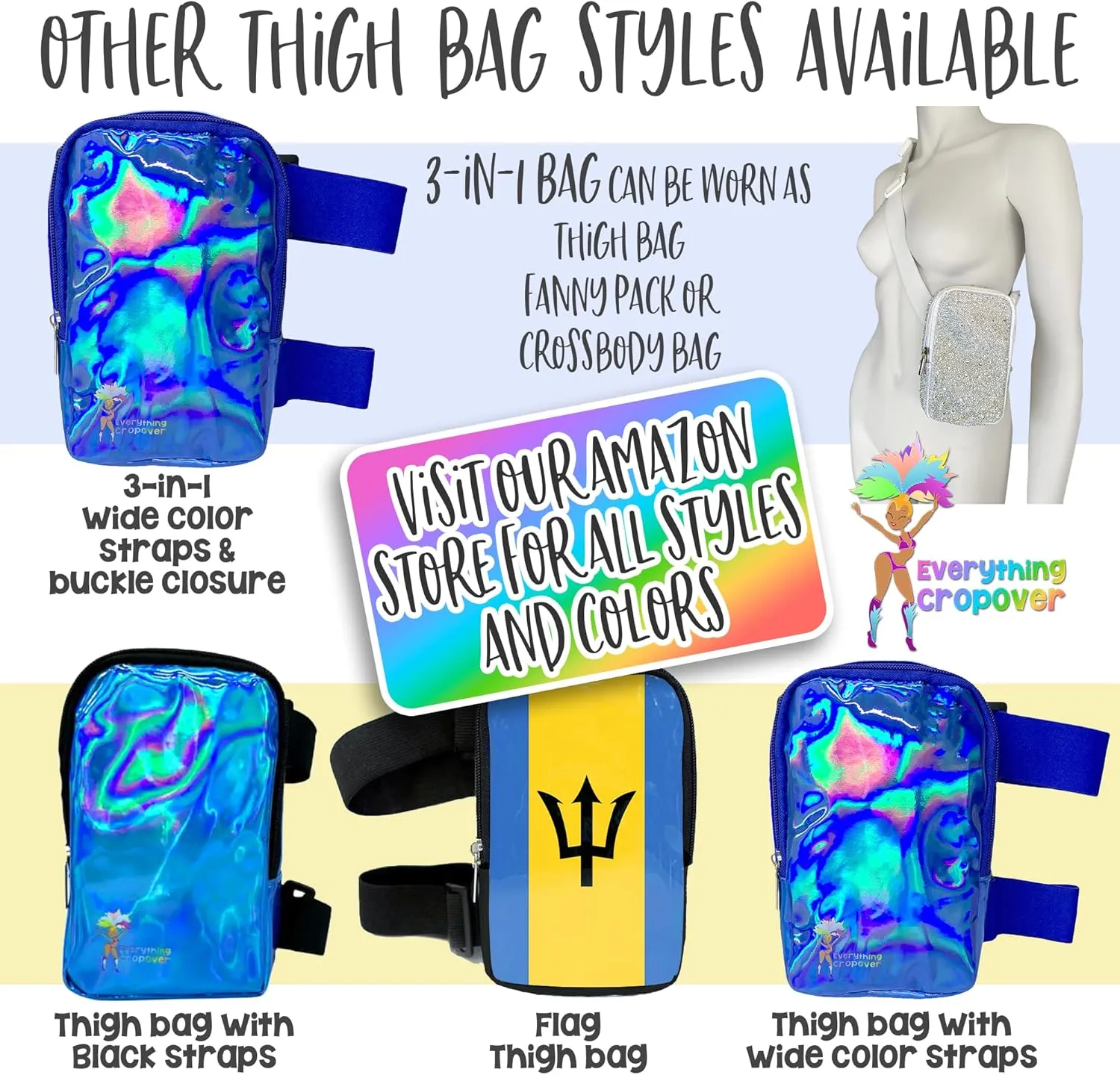 3-IN-1 Thigh Bag Fanny Pack Crossbody Bag | Carnival Leg Harness for Women | Holographic Waist Bag | Rave Leg Pack with Buckles | Green