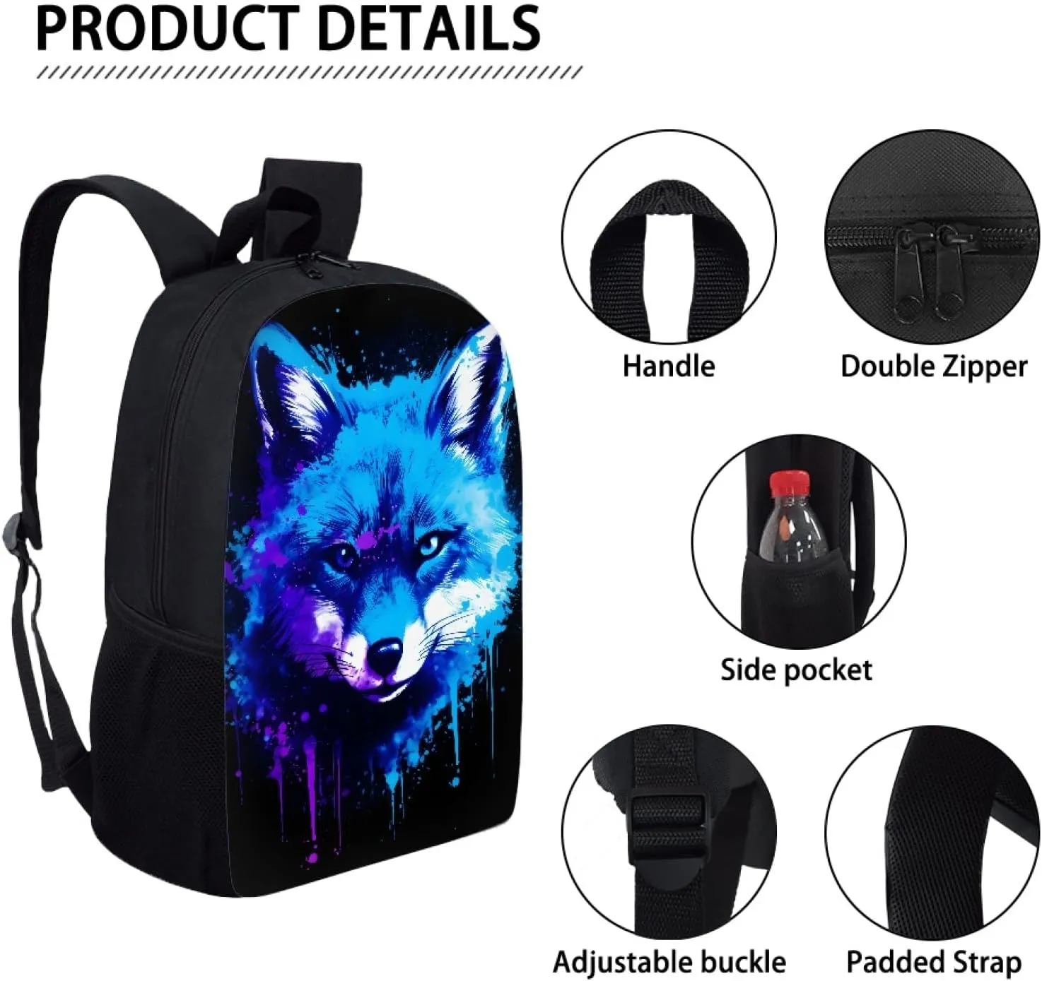 3D Fox Printed Backpack Daypack Rucksack for Students Boys Girls Kids Lightweight School Bag,Blue Fox Head