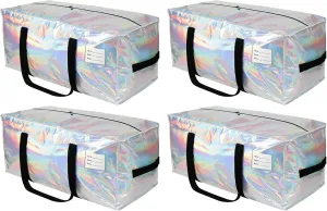 4 Pack Heavy Duty Moving Bags Extra Large Waterproof Foldable Clothing Storage Totes Bags with Zipper,Reinforced Handles,Packing Moving Boxes for Dorm & Seasonal Storage,Iridescent