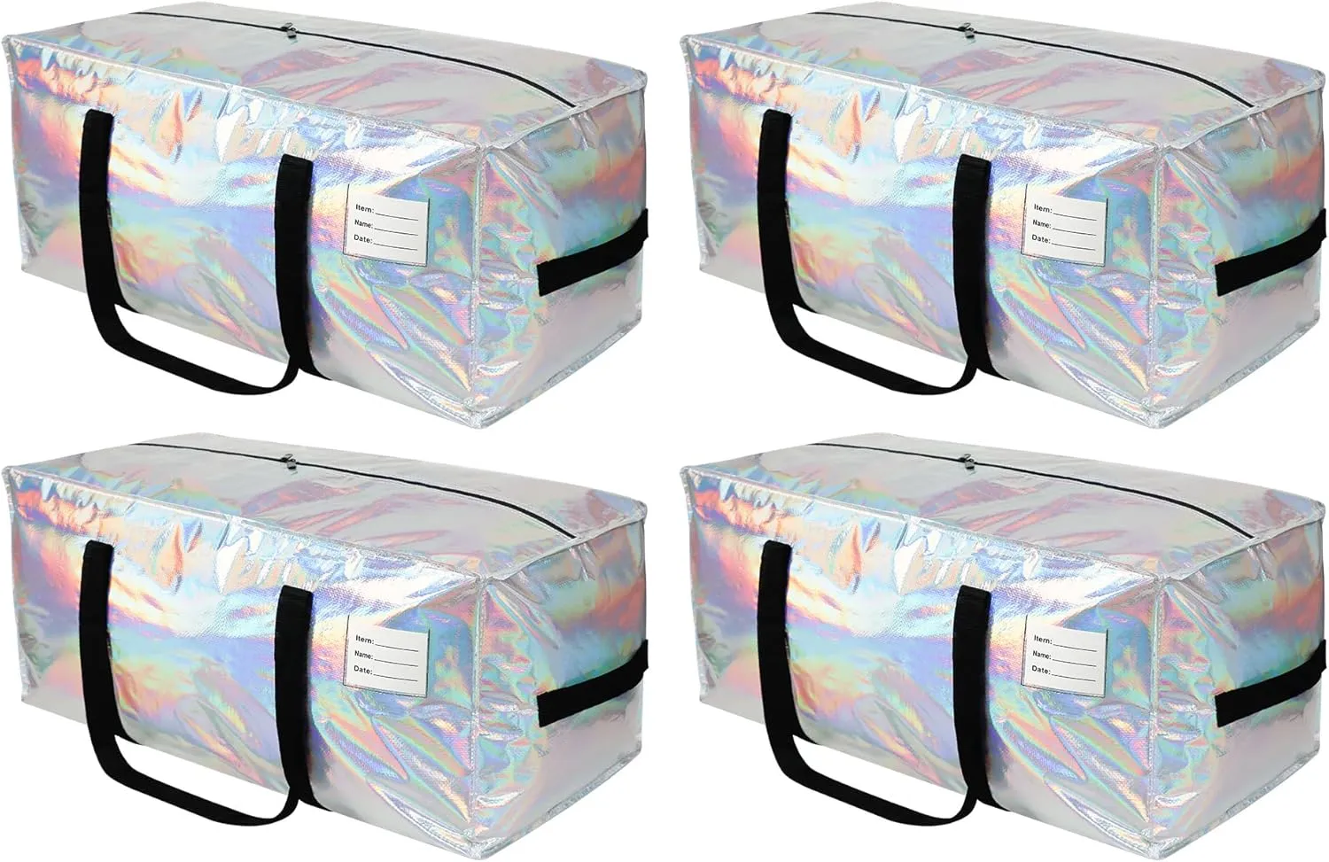 4 Pack Heavy Duty Moving Bags Extra Large Waterproof Foldable Clothing Storage Totes Bags with Zipper,Reinforced Handles,Packing Moving Boxes for Dorm & Seasonal Storage,Iridescent