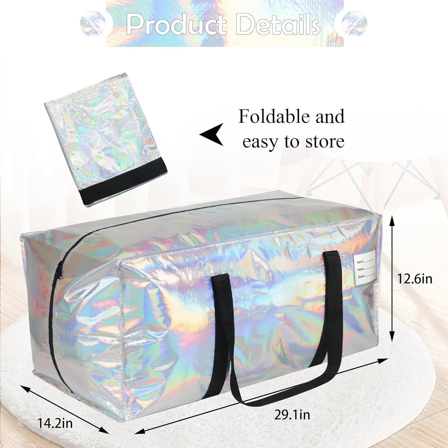 4 Pack Heavy Duty Moving Bags Extra Large Waterproof Foldable Clothing Storage Totes Bags with Zipper,Reinforced Handles,Packing Moving Boxes for Dorm & Seasonal Storage,Iridescent