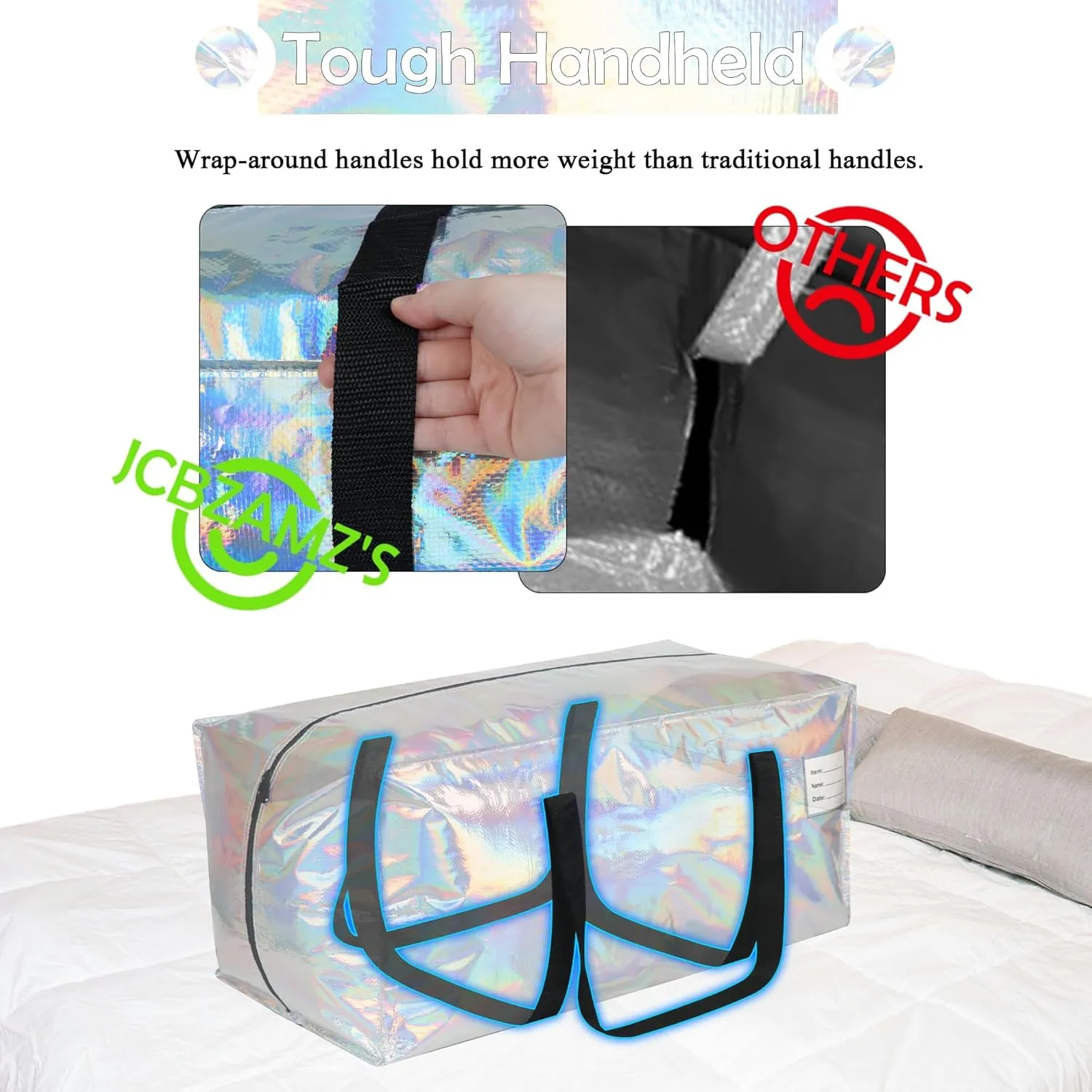 4 Pack Heavy Duty Moving Bags Extra Large Waterproof Foldable Clothing Storage Totes Bags with Zipper,Reinforced Handles,Packing Moving Boxes for Dorm & Seasonal Storage,Iridescent