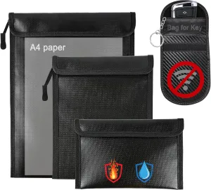 4 Pack Waterproof Fireproof Money Document Bags with a Faraday bag for car keys Fob Protector, Resistant Storage Organizer Pouch for Cash Documents, Secure Protection for Valuables