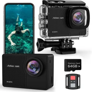 4K 60FPS Action Camara - Waterproof Camera with 64G SD Card 48MP HD WIFI Camera with EIS 40M Underwater Camera Wide Angle Sports Camera with 2*1350 mAh Batteries Helmet Mount Accessories Kits