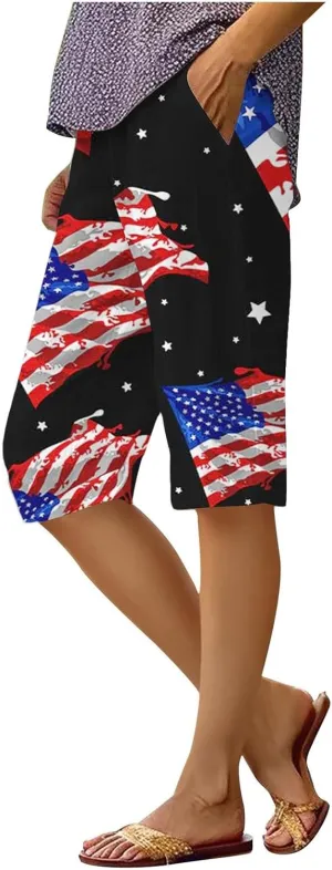 4th of July Linen Shorts for Women Knee Length Patriotic Bermuda Shorts Summer Casual Loose Beach Pants with Pockets
