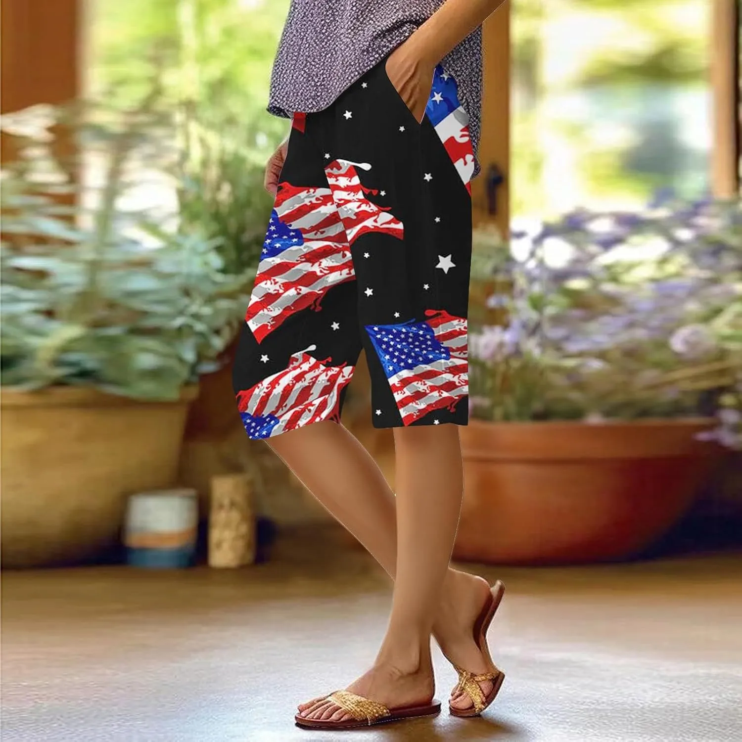 4th of July Linen Shorts for Women Knee Length Patriotic Bermuda Shorts Summer Casual Loose Beach Pants with Pockets