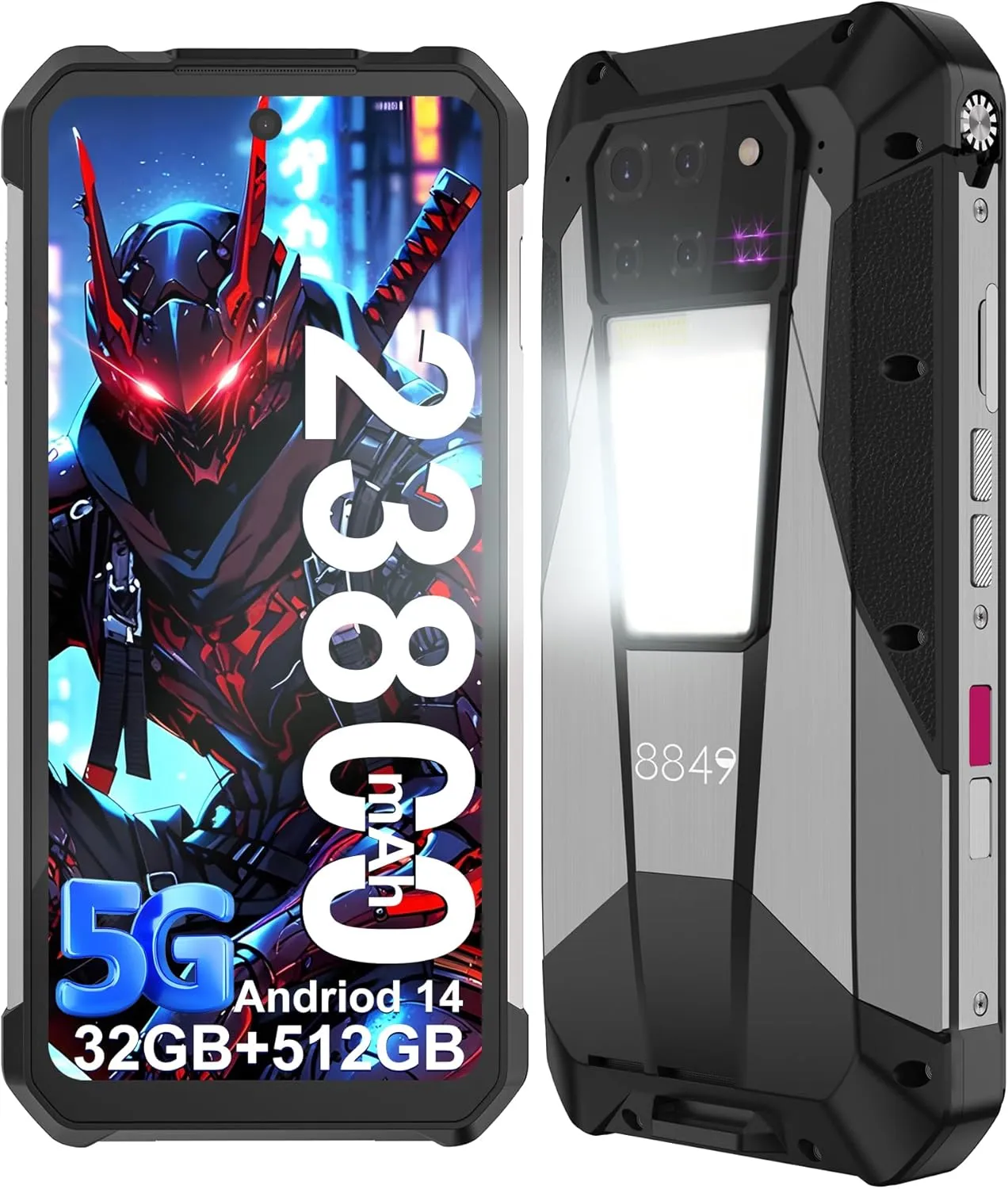 8849 Tank 3 Pro Rugged Smartphone Unlocked, Android 14 Waterproof Rugged Cell Phone with Projector, 6.79" 23800mAh 5G Mobile Phones 32GB RAM 512GB ROM, Dual SIM/Camping Light/2TB Expand/OTG/GPS