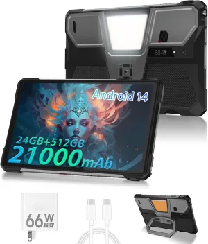 8849 Tank Pad E Tablet Android 14, Dual 4G 10.95'' Rugged Projector Tablet 24GB RAM, 21000mAh Octa-core Waterproof Outdoor Unlocked Tablets 512GB ROM, 50MP 32MP Camera, Camping Light/WiFi/BT 5.3/GPS