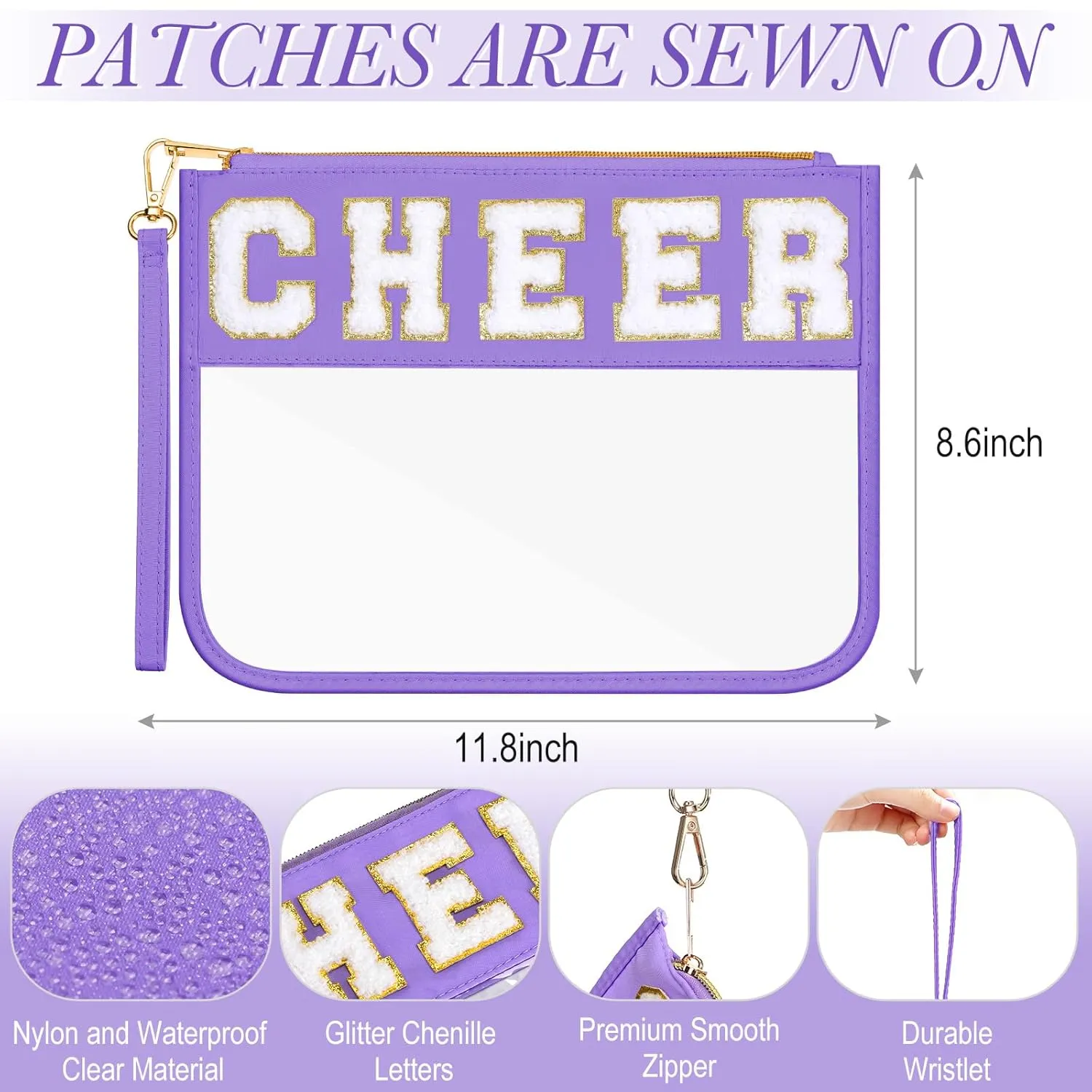 Abbylike 12 Pcs Snack Bags Clear Chenille Letter Cheer Zipper Pouch Waterproof PVC Large Travel Makeup Cosmetic Storage Organizer Bag for Mom Team Cheerleaders Teacher (Multicolor)