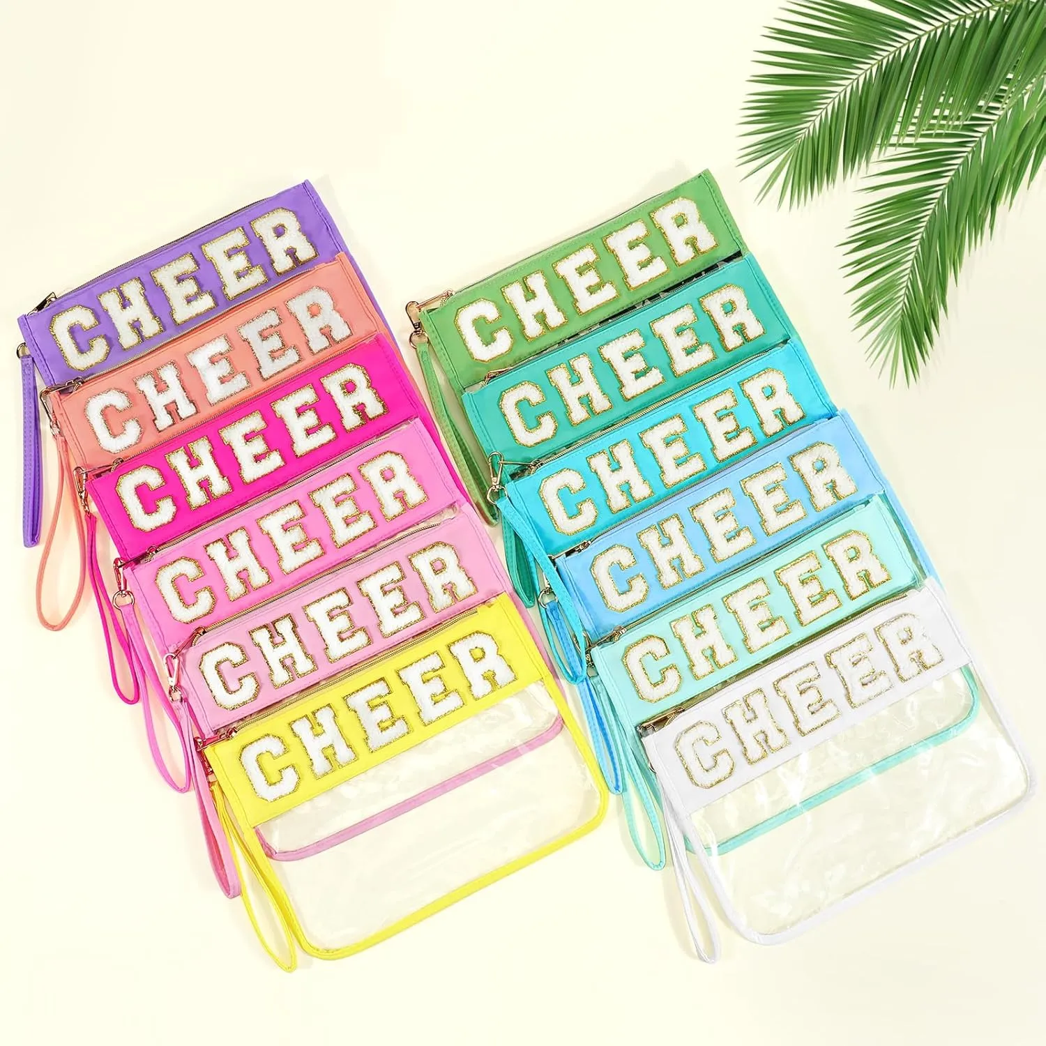 Abbylike 12 Pcs Snack Bags Clear Chenille Letter Cheer Zipper Pouch Waterproof PVC Large Travel Makeup Cosmetic Storage Organizer Bag for Mom Team Cheerleaders Teacher (Multicolor)