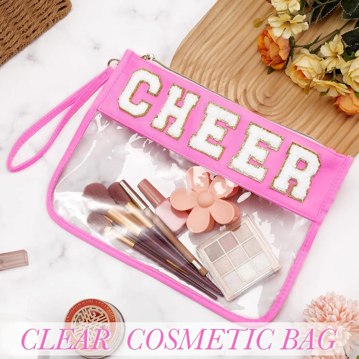 Abbylike 12 Pcs Snack Bags Clear Chenille Letter Cheer Zipper Pouch Waterproof PVC Large Travel Makeup Cosmetic Storage Organizer Bag for Mom Team Cheerleaders Teacher (Multicolor)