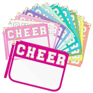 Abbylike 12 Pcs Snack Bags Clear Chenille Letter Cheer Zipper Pouch Waterproof PVC Large Travel Makeup Cosmetic Storage Organizer Bag for Mom Team Cheerleaders Teacher (Multicolor)