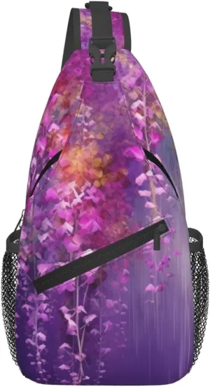 Abstract Purple Weeping Flower Crossbody Bags for Men Women Fashion Sling Backpack Casual Chest Bag Travel Hiking Daypack
