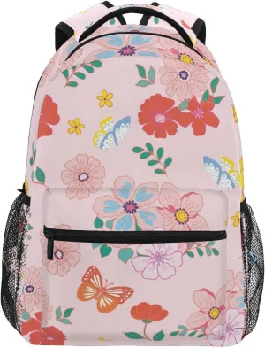 Acpiggto Backpack Daypack Pink Floral Flower Butterfly Leaves Botanical Shoulder Bag With Padded Shoulder Strap